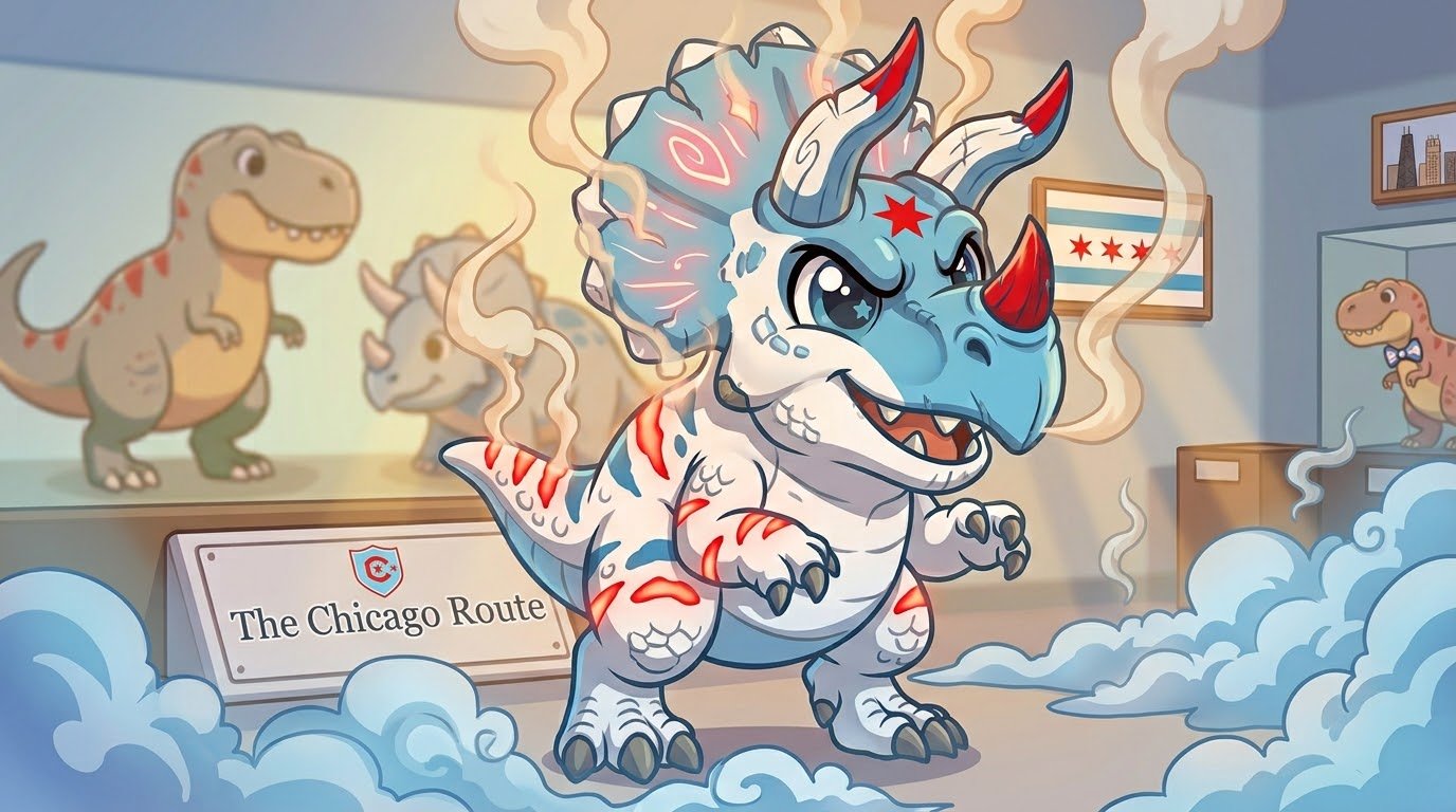 Chicagomon — The Chicago Route's original triceratops-rex fossil mascot